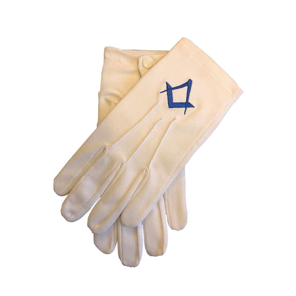 White Masonic Gloves With Navy Blue Square & Compass Regalia Store UK