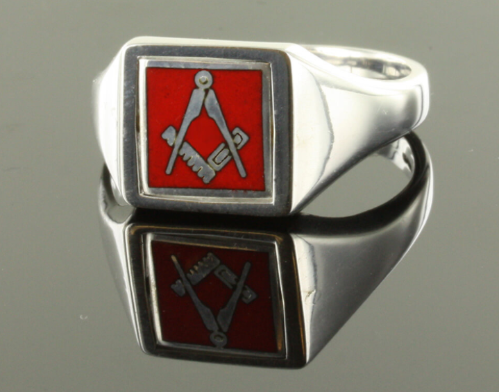 Red Reversible Square Head Solid Silver Square and Compass Masonic Ring ...