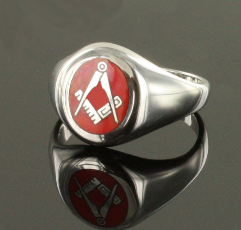 Silver Oval Head with Red Enamel Square And Compass Masonic Ring- Fixed ...