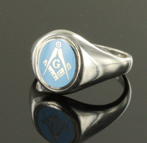 Silver Square And Compass with G Oval Head Masonic Ring (Light Blue ...