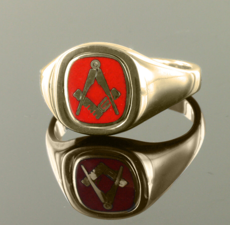 Red Reversible Cushion Head Solid Gold Square and Compass Masonic Ring ...
