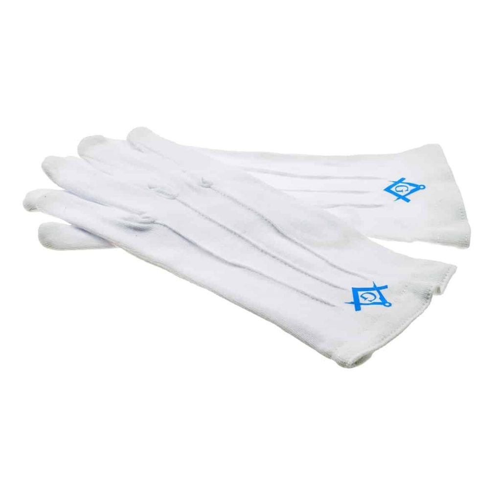 Masonic Regalia White Cotton Gloves With Royal Blue Square & Compass - Unisex, Clermont Direct